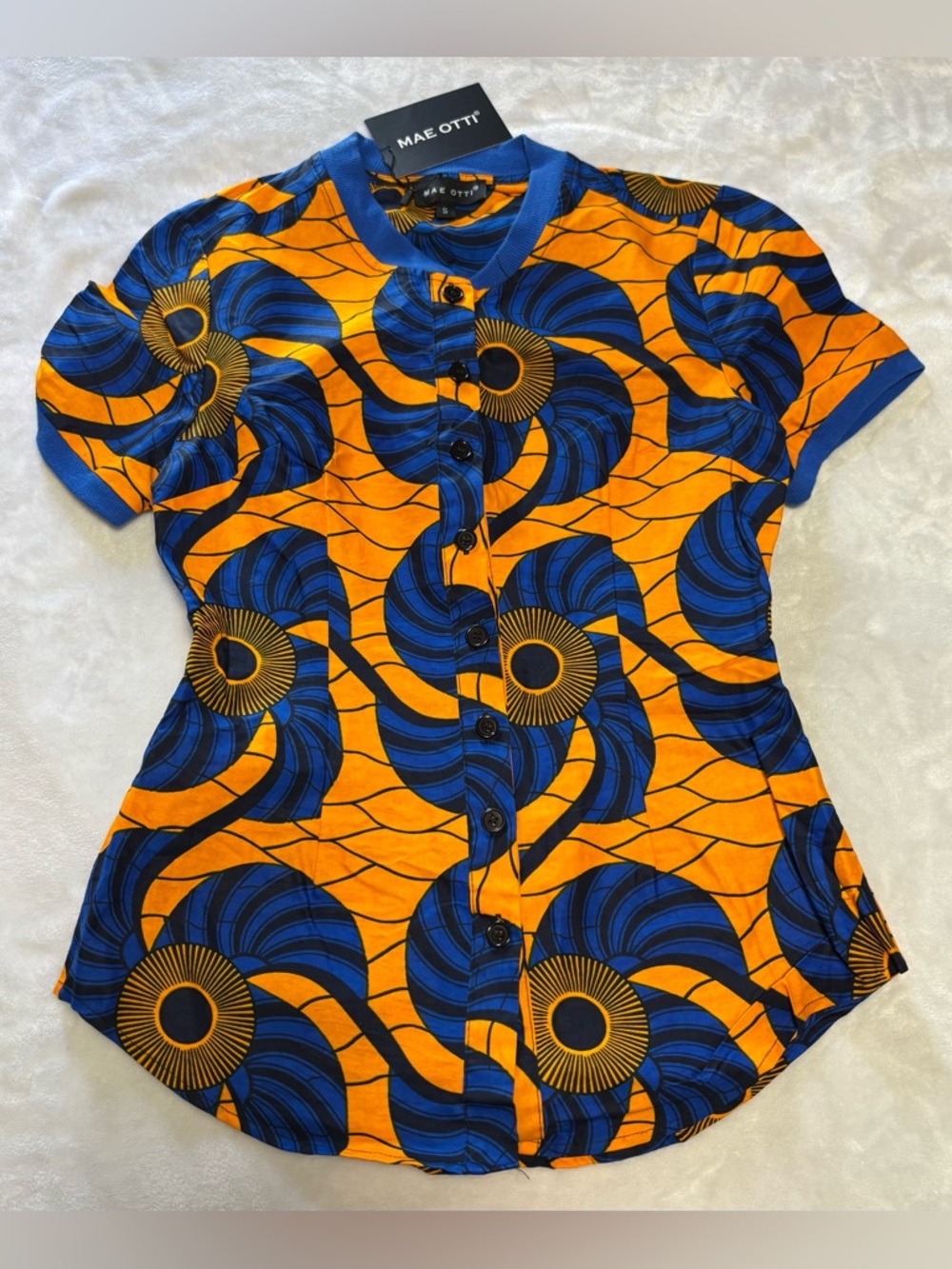 NWT Mae Otti Ankara African Wax Print Polo Top Blue Orange Small - Picture 2 of 10
